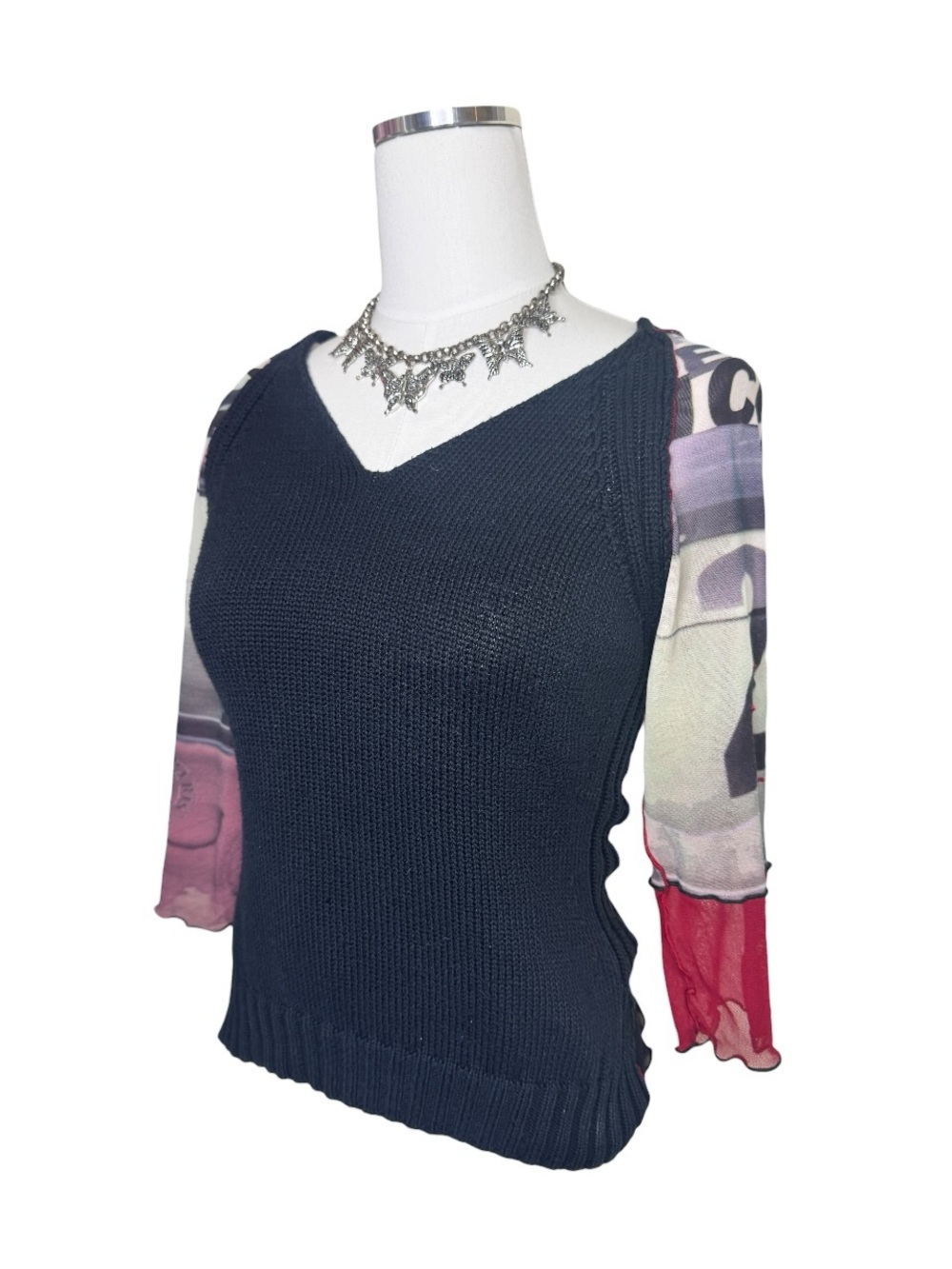 Y2K Cop.Copine Knit + Mesh Euro 3/4th Sleeve Graphic Top Size Large